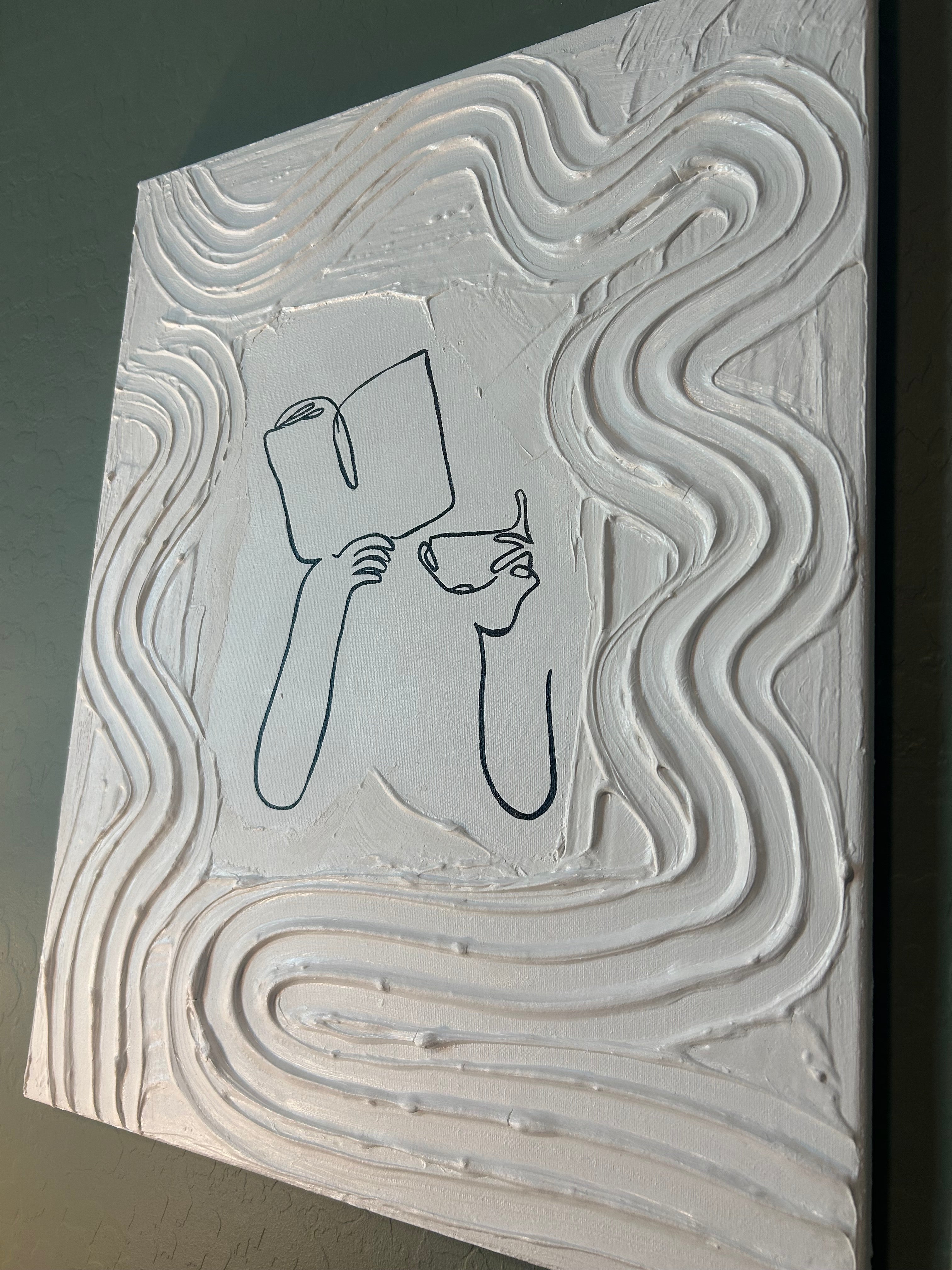 Book & Coffee - Textured Canvas with fine line 16x20